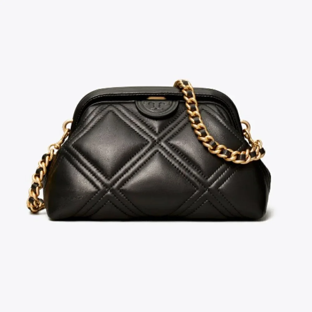 NWT! Tory Burch Fleming Frame Bag -Quilted Crossbody Bag - Small Black Lamb Skin